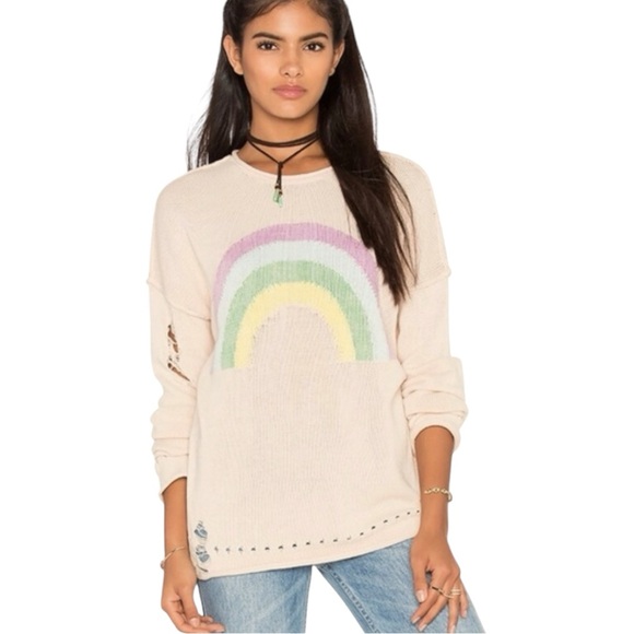 wildfox couture sky high rainbow distressed pink sweater, sz XS - Picture 9 of 9